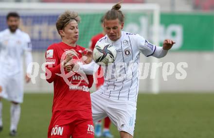 Fussball 2. Liga. SK Austria Klagenfurt gegen  SK Vorwaerts Steyr.  Patrick Greil (Klagenfurt),  Michael Halbartschlager (Steyr). Klagenfurt, am 20.3.2021.
Foto: Kuess
www.qspictures.net
---
pressefotos, pressefotografie, kuess, qs, qspictures, sport, bild, bilder, bilddatenbank