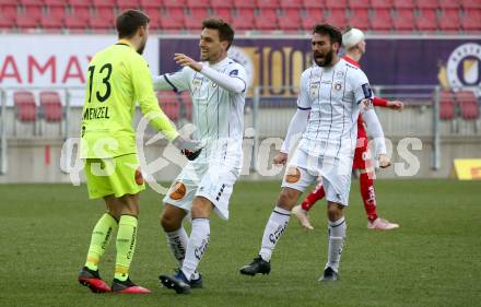 Fussball 2. Liga. SK Austria Klagenfurt gegen  SK Vorwaerts Steyr.  Jubel  Phillip Menzel,  Thorsten Mahrer,  Kosmas Gkezos (Klagenfurt). Klagenfurt, am 20.3.2021.
Foto: Kuess
www.qspictures.net
---
pressefotos, pressefotografie, kuess, qs, qspictures, sport, bild, bilder, bilddatenbank