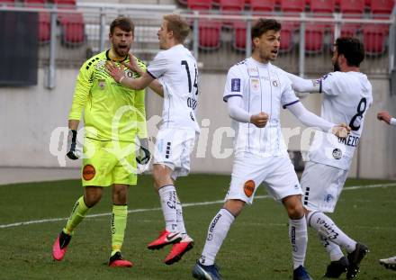 Fussball 2. Liga. SK Austria Klagenfurt gegen  SK Vorwaerts Steyr.  Jubel Phillip Menzel, Thorsten Mahrer,  Christopher Brian Cvetko (Klagenfurt). Klagenfurt, am 20.3.2021.
Foto: Kuess
www.qspictures.net
---
pressefotos, pressefotografie, kuess, qs, qspictures, sport, bild, bilder, bilddatenbank