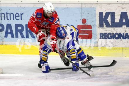 EBEL. Eishockey Bundesliga. KAC gegen	VSV. Lukas Haudum,  (KAC),   Felix Maxa (VSV). Klagenfurt, am 21.3.2021.
Foto: Kuess
www.qspictures.net

---
pressefotos, pressefotografie, kuess, qs, qspictures, sport, bild, bilder, bilddatenbank