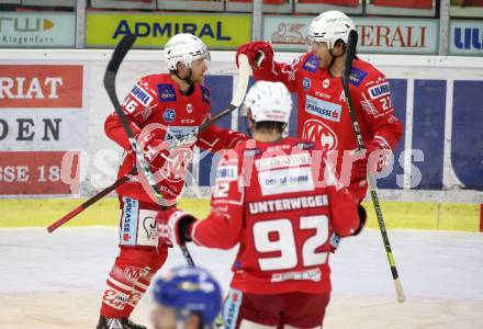 EBEL. Eishockey Bundesliga. KAC gegen	VSV.  Torjubel Johannes Bischofberger, Thomas Hundertpfund, Clemens Unterweger (KAC). Klagenfurt, am 21.3.2021.
Foto: Kuess
www.qspictures.net

---
pressefotos, pressefotografie, kuess, qs, qspictures, sport, bild, bilder, bilddatenbank