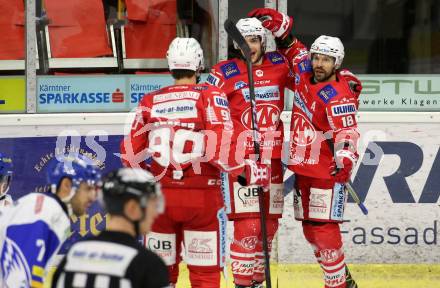 EBEL. Eishockey Bundesliga. KAC gegen	VSV. Torjubel Matthew Fraser, Lukas Haudum, Thomas Koch (KAC). Klagenfurt, am 21.3.2021.
Foto: Kuess
www.qspictures.net

---
pressefotos, pressefotografie, kuess, qs, qspictures, sport, bild, bilder, bilddatenbank