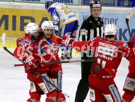 EBEL. Eishockey Bundesliga. KAC gegen	VSV. Torjubel Rok Ticar, Manuel Ganahl, Kele Steffler (KAC). Klagenfurt, am 21.3.2021.
Foto: Kuess
www.qspictures.net

---
pressefotos, pressefotografie, kuess, qs, qspictures, sport, bild, bilder, bilddatenbank