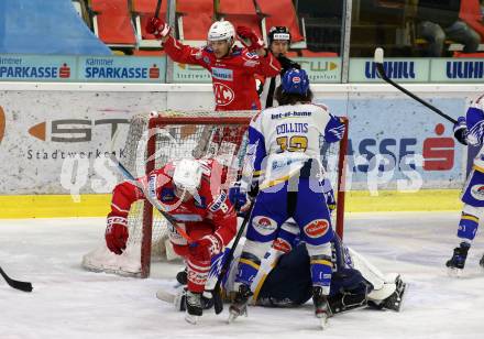 EBEL. Eishockey Bundesliga. KAC gegen	VSV.  Torjubel Nicholas Eric Petersen, Matthew Fraser (KAC). Klagenfurt, am 21.3.2021.
Foto: Kuess
www.qspictures.net

---
pressefotos, pressefotografie, kuess, qs, qspictures, sport, bild, bilder, bilddatenbank