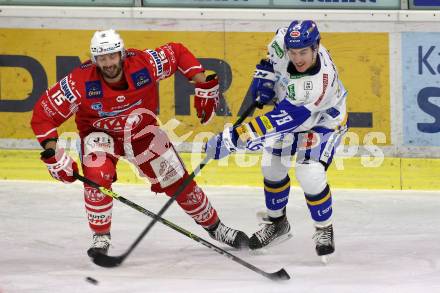 EBEL. Eishockey Bundesliga. KAC gegen	VSV. Blaz Gregorc,  (KAC), Felix Maxa  (VSV). Klagenfurt, am 21.3.2021.
Foto: Kuess
www.qspictures.net

---
pressefotos, pressefotografie, kuess, qs, qspictures, sport, bild, bilder, bilddatenbank
