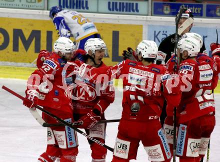 EBEL. Eishockey Bundesliga. KAC gegen	VSV. Torjubel Rok Ticar, Manuel Ganahl, Kele Steffler, Thomas Vallant (KAC). Klagenfurt, am 21.3.2021.
Foto: Kuess
www.qspictures.net

---
pressefotos, pressefotografie, kuess, qs, qspictures, sport, bild, bilder, bilddatenbank