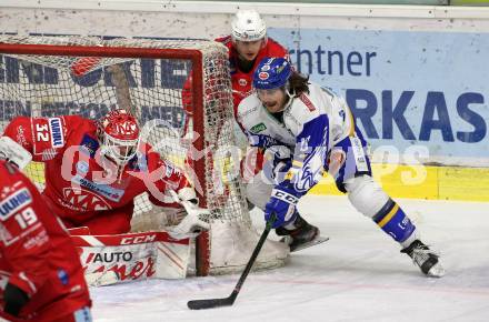 EBEL. Eishockey Bundesliga. KAC gegen	VSV. Sebastian Dahm,  (KAC),   Chris Collins (VSV). Klagenfurt, am 21.3.2021.
Foto: Kuess
www.qspictures.net

---
pressefotos, pressefotografie, kuess, qs, qspictures, sport, bild, bilder, bilddatenbank