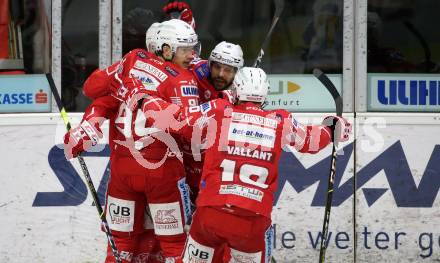 EBEL. Eishockey Bundesliga. KAC gegen	VSV. Torjubel Matthew Fraser, Lukas Haudum, Thomas Koch, Thomas Vallant (KAC). Klagenfurt, am 21.3.2021.
Foto: Kuess
www.qspictures.net

---
pressefotos, pressefotografie, kuess, qs, qspictures, sport, bild, bilder, bilddatenbank