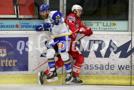 EBEL. Eishockey Bundesliga. KAC gegen	VSV. Nicholas Eric Petersen,  (KAC),  Jamie Fraser (VSV). Klagenfurt, am 21.3.2021.
Foto: Kuess
www.qspictures.net

---
pressefotos, pressefotografie, kuess, qs, qspictures, sport, bild, bilder, bilddatenbank