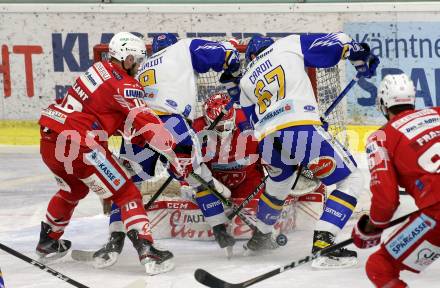 EBEL. Eishockey Bundesliga. KAC gegen	VSV. Thomas Vallant, Sebastian Dahm,  (KAC),  Kevin Schmidt, Jordan Caron (VSV). Klagenfurt, am 21.3.2021.
Foto: Kuess
www.qspictures.net

---
pressefotos, pressefotografie, kuess, qs, qspictures, sport, bild, bilder, bilddatenbank