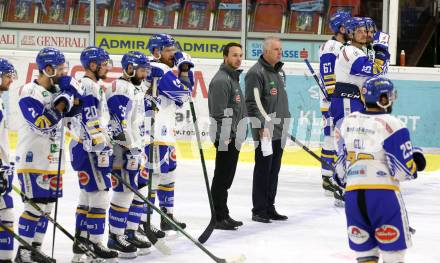 EBEL. Eishockey Bundesliga. KAC gegen	VSV. Jamie Fraser, Co-Trainer Marco Pewal, Trainer Rob Daum  (VSV). Klagenfurt, am 21.3.2021.
Foto: Kuess
www.qspictures.net

---
pressefotos, pressefotografie, kuess, qs, qspictures, sport, bild, bilder, bilddatenbank