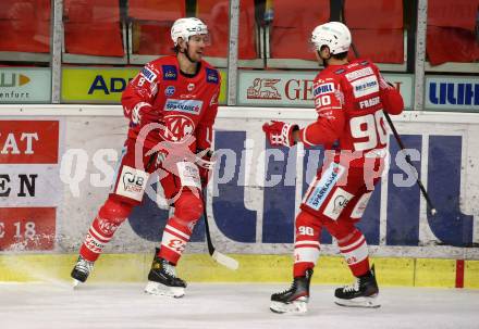EBEL. Eishockey Bundesliga. KAC gegen	EC Red Bull Salzburg. Torjubel Nicholas Eric Petersen, Matthew Fraser (KAC). Klagenfurt, am 28.3.2021.
Foto: Kuess
www.qspictures.net

---
pressefotos, pressefotografie, kuess, qs, qspictures, sport, bild, bilder, bilddatenbank