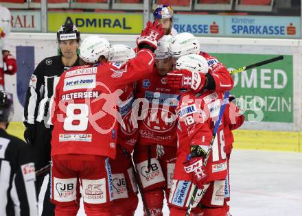 EBEL. Eishockey Bundesliga. KAC gegen	EC Red Bull Salzburg. Torjubel Nicholas ERic Petersen, Matthew Fraser, Tomas Koch, Blaz Gregorc (KAC). Klagenfurt, am 28.3.2021.
Foto: Kuess
www.qspictures.net

---
pressefotos, pressefotografie, kuess, qs, qspictures, sport, bild, bilder, bilddatenbank