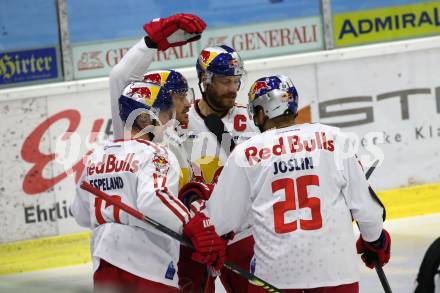 EBEL. Eishockey Bundesliga. KAC gegen	EC Red Bull Salzburg. Torjubel Stefan Espeland, Jack Skille, Thomas Raffl, Derek Joslin   (Salzburg). Klagenfurt, am 28.3.2021.
Foto: Kuess
www.qspictures.net

---
pressefotos, pressefotografie, kuess, qs, qspictures, sport, bild, bilder, bilddatenbank