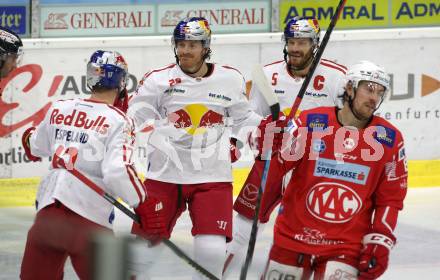 EBEL. Eishockey Bundesliga. KAC gegen	EC Red Bull Salzburg. Torjubel Stefan Espeland, Jack Skille, Thomas Raffl   (Salzburg). Klagenfurt, am 28.3.2021.
Foto: Kuess
www.qspictures.net

---
pressefotos, pressefotografie, kuess, qs, qspictures, sport, bild, bilder, bilddatenbank