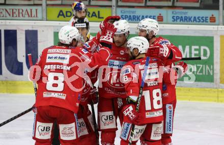 EBEL. Eishockey Bundesliga. KAC gegen	EC Red Bull Salzburg. Torjubel Nicholas ERic Petersen, Matthew Fraser, Tomas Koch, Blaz Gregorc (KAC). Klagenfurt, am 28.3.2021.
Foto: Kuess
www.qspictures.net

---
pressefotos, pressefotografie, kuess, qs, qspictures, sport, bild, bilder, bilddatenbank