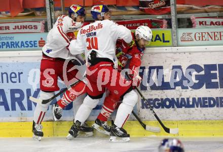 EBEL. Eishockey Bundesliga. KAC gegen	EC Red Bull Salzburg. Daniel Obersteiner,  (KAC), Johan Alexander Urbom, Paul Huber  (Salzburg). Klagenfurt, am 1.4.2021.
Foto: Kuess
www.qspictures.net

---
pressefotos, pressefotografie, kuess, qs, qspictures, sport, bild, bilder, bilddatenbank