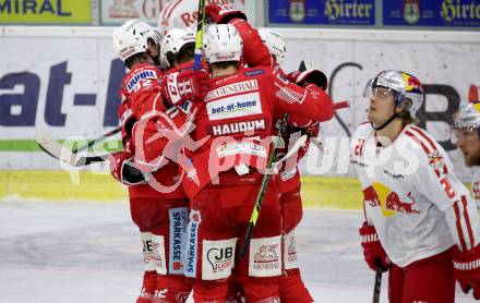 EBEL. Eishockey Bundesliga. KAC gegen	EC Red Bull Salzburg. Torjubel Clemens Unterweger, Manuel Ganahl, Lukas Haudum, Thomas Hundertpfund, Manuel Geier (KAC). Klagenfurt, am 1.4.2021.
Foto: Kuess
www.qspictures.net

---
pressefotos, pressefotografie, kuess, qs, qspictures, sport, bild, bilder, bilddatenbank