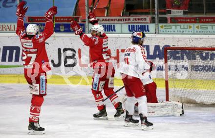 EBEL. Eishockey Bundesliga. KAC gegen	EC Red Bull Salzburg. Torjubel Thomas Hundertpfund, Manuel Geier (KAC). Klagenfurt, am 1.4.2021.
Foto: Kuess
www.qspictures.net

---
pressefotos, pressefotografie, kuess, qs, qspictures, sport, bild, bilder, bilddatenbank