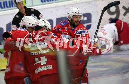 EBEL. Eishockey Bundesliga. KAC gegen	EC Red Bull Salzburg. Torjubel Thomas Hundertpfund, Kele Steffler, Samuel Witting, Blaz Gregorc (KAC). Klagenfurt, am 1.4.2021.
Foto: Kuess
www.qspictures.net

---
pressefotos, pressefotografie, kuess, qs, qspictures, sport, bild, bilder, bilddatenbank