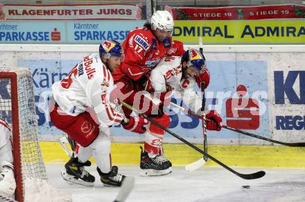 EBEL. Eishockey Bundesliga. KAC gegen	EC Red Bull Salzburg. Manuel Ganahl,  (KAC), Mario Huber, Dominique Heinrich  (Salzburg). Klagenfurt, am 1.4.2021.
Foto: Kuess
www.qspictures.net

---
pressefotos, pressefotografie, kuess, qs, qspictures, sport, bild, bilder, bilddatenbank