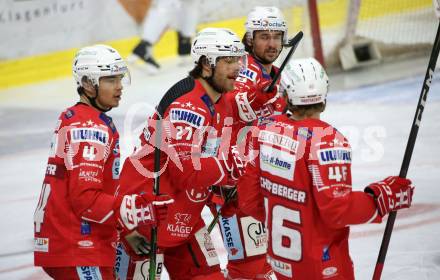 EBEL. Eishockey Bundesliga. KAC gegen	EC Red Bull Salzburg. Torjubel Thomas Hundertpfund, Kele Steffler, Samuel Witting, Johannes Bischofberger (KAC). Klagenfurt, am 1.4.2021.
Foto: Kuess
www.qspictures.net

---
pressefotos, pressefotografie, kuess, qs, qspictures, sport, bild, bilder, bilddatenbank