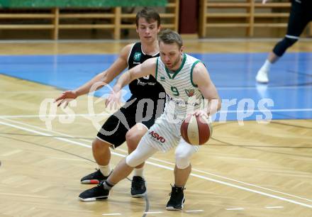 Basketball Zweite Liga 2020/2021. Playoffs. VF2. KOS Celovec gegen  Raiders Tirol. Tim Huber (KOS Celovec), Elvis Keric (Tirol). Klagenfurt, am 3.4.2021.
Foto: Kuess
www.qspictures.net

---
pressefotos, pressefotografie, kuess, qs, qspictures, sport, bild, bilder, bilddatenbank