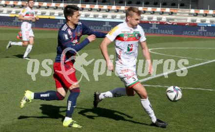 Fussball. Bundesliga. RZ Pellets WAC gegen SK Rapid. Gustav Niklas Henriksson,  (WAC), Kohya Kitagawa (Rapid). Wolfsberg, am 4.4.2021.
Foto: Kuess
www.qspictures.net

---
pressefotos, pressefotografie, kuess, qs, qspictures, sport, bild, bilder, bilddatenbank