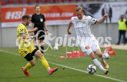Fussball 2. Liga. SK Austria Klagenfurt gegen  SV Lafnitz. Florian Jaritz,  (Klagenfurt),  Daniel Gremsl  (Lafnitz). Klagenfurt, am 5.4.2021.
Foto: Kuess
www.qspictures.net
---
pressefotos, pressefotografie, kuess, qs, qspictures, sport, bild, bilder, bilddatenbank