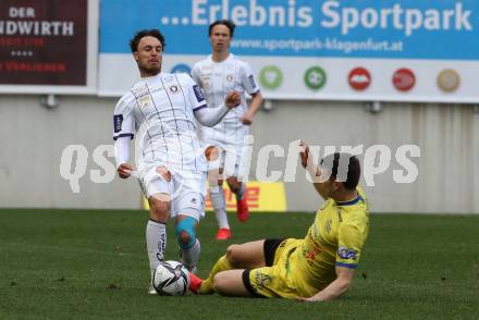 Fussball 2. Liga. SK Austria Klagenfurt gegen  SV Lafnitz. Simon Straudi,  (Klagenfurt),  Stefan Umjenovic  (Lafnitz). Klagenfurt, am 5.4.2021.
Foto: Kuess
www.qspictures.net
---
pressefotos, pressefotografie, kuess, qs, qspictures, sport, bild, bilder, bilddatenbank