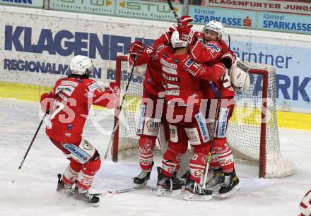 EBEL. Eishockey Bundesliga. KAC gegen	EC Red Bull Salzburg. Jubel Clemens Unterweger, Martin Schumnig, Sebastian Dahm, Thomas Vallant, Manuel Ganahl (KAC). Klagenfurt, am 5.4.2021.
Foto: Kuess
www.qspictures.net

---
pressefotos, pressefotografie, kuess, qs, qspictures, sport, bild, bilder, bilddatenbank
