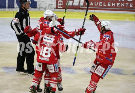 EBEL. Eishockey Bundesliga. KAC gegen	EC Red Bull Salzburg. Torjubel  Unterweger Clemens, Gregorc Blaz, Koch Thomas, Petersen Nicholas Eric (KAC). Klagenfurt, am 5.4.2021.
Foto: Kuess
www.qspictures.net

---
pressefotos, pressefotografie, kuess, qs, qspictures, sport, bild, bilder, bilddatenbank
