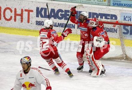 EBEL. Eishockey Bundesliga. KAC gegen	EC Red Bull Salzburg. Jubel Clemens Unterweger, Martin Schumnig, Sebastian Dahm (KAC). Klagenfurt, am 5.4.2021.
Foto: Kuess
www.qspictures.net

---
pressefotos, pressefotografie, kuess, qs, qspictures, sport, bild, bilder, bilddatenbank