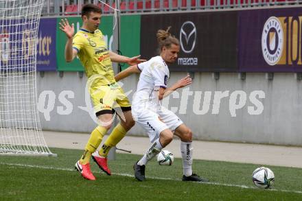 Fussball 2. Liga. SK Austria Klagenfurt gegen  SV Lafnitz. Patrick Greil,  (Klagenfurt),   Stefan Umjenovic (Lafnitz). Klagenfurt, am 5.4.2021.
Foto: Kuess
www.qspictures.net
---
pressefotos, pressefotografie, kuess, qs, qspictures, sport, bild, bilder, bilddatenbank
