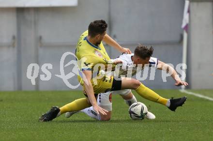 Fussball 2. Liga. SK Austria Klagenfurt gegen  SV Lafnitz. Fabian Miesenboeck,  (Klagenfurt), Julian Tomka   (Lafnitz). Klagenfurt, am 5.4.2021.
Foto: Kuess
www.qspictures.net
---
pressefotos, pressefotografie, kuess, qs, qspictures, sport, bild, bilder, bilddatenbank