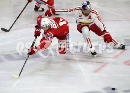 EBEL. Eishockey Bundesliga. KAC gegen	EC Red Bull Salzburg. Lukas Haudum,  (KAC), Derek Joslin  (Salzburg). Klagenfurt, am 5.4.2021.
Foto: Kuess
www.qspictures.net

---
pressefotos, pressefotografie, kuess, qs, qspictures, sport, bild, bilder, bilddatenbank