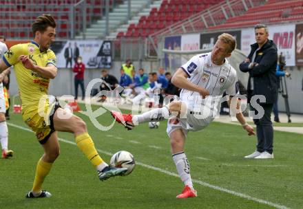 Fussball 2. Liga. SK Austria Klagenfurt gegen  SV Lafnitz.  Christopher Cvetko,  (Klagenfurt),  Lukas Fadinger  (Lafnitz). Klagenfurt, am 5.4.2021.
Foto: Kuess
www.qspictures.net
---
pressefotos, pressefotografie, kuess, qs, qspictures, sport, bild, bilder, bilddatenbank