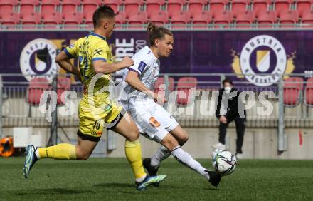 Fussball 2. Liga. SK Austria Klagenfurt gegen  SV Lafnitz. Patrick Greil,  (Klagenfurt), Matthias Puschl   (Lafnitz). Klagenfurt, am 5.4.2021.
Foto: Kuess
www.qspictures.net
---
pressefotos, pressefotografie, kuess, qs, qspictures, sport, bild, bilder, bilddatenbank
