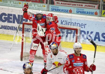 EBEL. Eishockey Bundesliga. KAC gegen	EC Red Bull Salzburg. Jubel Martin Schumnig, Sebastian Dahm  (KAC). Klagenfurt, am 5.4.2021.
Foto: Kuess
www.qspictures.net

---
pressefotos, pressefotografie, kuess, qs, qspictures, sport, bild, bilder, bilddatenbank