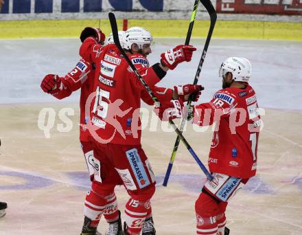 EBEL. Eishockey Bundesliga. KAC gegen	EC Red Bull Salzburg. Torjubel  Unterweger Clemens, Gregorc Blaz, Koch Thomas, (KAC). Klagenfurt, am 5.4.2021.
Foto: Kuess
www.qspictures.net

---
pressefotos, pressefotografie, kuess, qs, qspictures, sport, bild, bilder, bilddatenbank