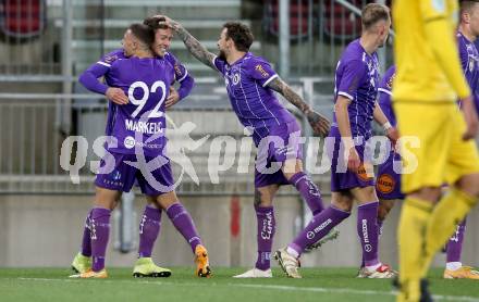 Fussball 2. Liga. SK Austria Klagenfurt gegen  Kapfenberger SV.  Torjubel Oliver Markoutz, Fabio Markelic, Philipp Huetter (Klagenfurt). Klagenfurt, am 9.4.2021.
Foto: Kuess
www.qspictures.net
---
pressefotos, pressefotografie, kuess, qs, qspictures, sport, bild, bilder, bilddatenbank
