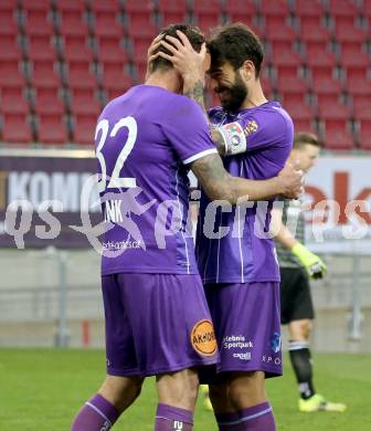 Fussball 2. Liga. SK Austria Klagenfurt gegen  Kapfenberger SV. Torjubel Markus Pink, Kosmas Gkezos (Klagenfurt). Klagenfurt, am 9.4.2021.
Foto: Kuess
www.qspictures.net
---
pressefotos, pressefotografie, kuess, qs, qspictures, sport, bild, bilder, bilddatenbank