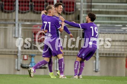 Fussball 2. Liga. SK Austria Klagenfurt gegen  Kapfenberger SV.  Torjubel Benjamin Hadzic, Oliver Markoutz, Simon Straudi (Klagenfurt). Klagenfurt, am 9.4.2021.
Foto: Kuess
www.qspictures.net
---
pressefotos, pressefotografie, kuess, qs, qspictures, sport, bild, bilder, bilddatenbank