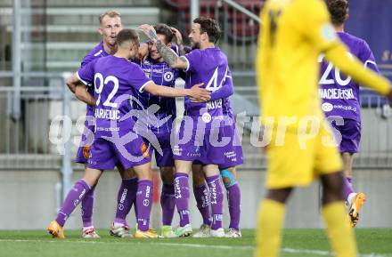 Fussball 2. Liga. SK Austria Klagenfurt gegen  Kapfenberger SV.  Torjubel Benjamin Hadzic, Oliver Markoutz, Simon Straudi, Fabio Markelic, Philipp Huetter (Klagenfurt). Klagenfurt, am 9.4.2021.
Foto: Kuess
www.qspictures.net
---
pressefotos, pressefotografie, kuess, qs, qspictures, sport, bild, bilder, bilddatenbank