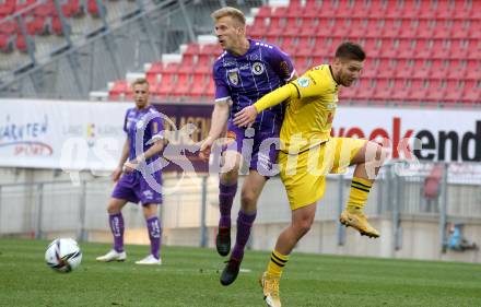 Fussball 2. Liga. SK Austria Klagenfurt gegen  Kapfenberger SV. Christopher Cvetko,  (Klagenfurt),  Dino Musija  (Kapfenberger SV). Klagenfurt, am 9.4.2021.
Foto: Kuess
www.qspictures.net
---
pressefotos, pressefotografie, kuess, qs, qspictures, sport, bild, bilder, bilddatenbank