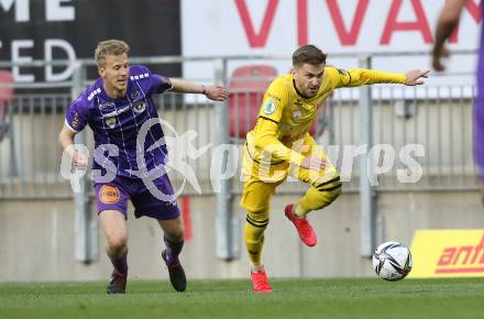 Fussball 2. Liga. SK Austria Klagenfurt gegen  Kapfenberger SV. Christopher Cvetko, (Klagenfurt), Elvedin Heric    (Kapfenberger SV). Klagenfurt, am 9.4.2021.
Foto: Kuess
www.qspictures.net
---
pressefotos, pressefotografie, kuess, qs, qspictures, sport, bild, bilder, bilddatenbank
