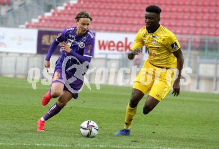 Fussball 2. Liga. SK Austria Klagenfurt gegen  Kapfenberger SV. Alex Timossi Andersson,  (Klagenfurt),  N Zi Yao Olivier Juslin  (Kapfenberger SV). Klagenfurt, am 9.4.2021.
Foto: Kuess
www.qspictures.net
---
pressefotos, pressefotografie, kuess, qs, qspictures, sport, bild, bilder, bilddatenbank