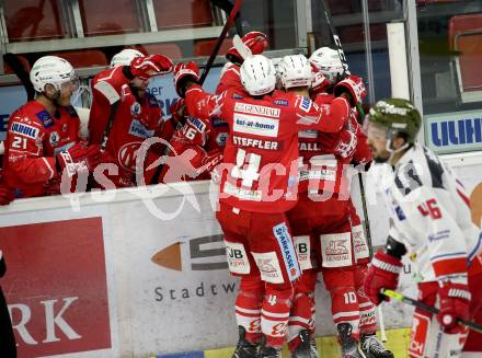 EBEL. Eishockey Bundesliga. KAC gegen	HCB Suedtirol Alperia. Torjubel Bischofberger Johannes, Vallant Thomas, Haudum Lukas, Steffler Kele,  (KAC). Klagenfurt, am 13.4.2021.
Foto: Kuess
www.qspictures.net

---
pressefotos, pressefotografie, kuess, qs, qspictures, sport, bild, bilder, bilddatenbank