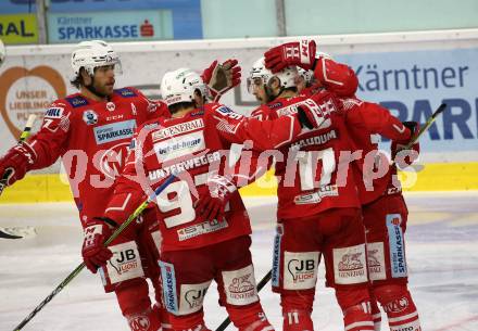 EBEL. Eishockey Bundesliga. KAC gegen	HCB Suedtirol Alperia. Torjubel Geier Manuel, Haudum Lukas, Hundertpfund Thomas, Unterweger Clemens (KAC). Klagenfurt, am 13.4.2021.
Foto: Kuess
www.qspictures.net

---
pressefotos, pressefotografie, kuess, qs, qspictures, sport, bild, bilder, bilddatenbank