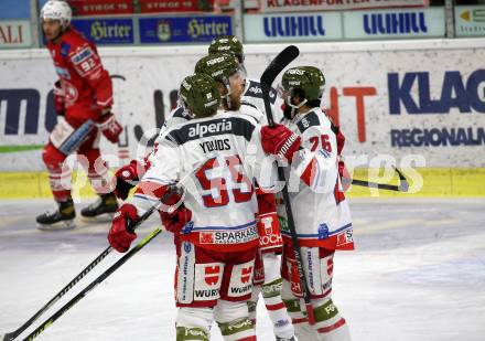 EBEL. Eishockey Bundesliga. KAC gegen	HCB Suedtirol Alperia.  Torjubel 	Robertson Denni, Miceli Angelo, Youds Benjamin   (Bozen). Klagenfurt, am 13.4.2021.
Foto: Kuess
www.qspictures.net

---
pressefotos, pressefotografie, kuess, qs, qspictures, sport, bild, bilder, bilddatenbank